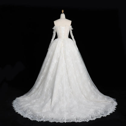 White Lace and Tulle Ball Gown Wedding Dress Off the Shoulder Beaded Bridal Dress SW679
