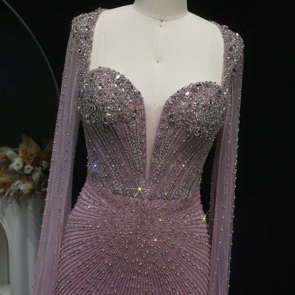 Luxury Beaded Pink Evening Dress with Cape Sleeves SS194