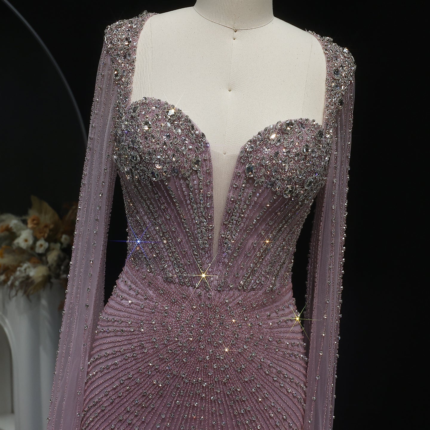 Luxury Beaded Pink Evening Dress with Cape Sleeves SS194