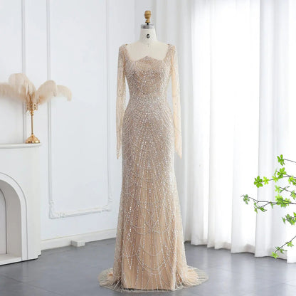 Luxury Beaded Champagne Long Sleeves Mermaid Evening Dress SS686