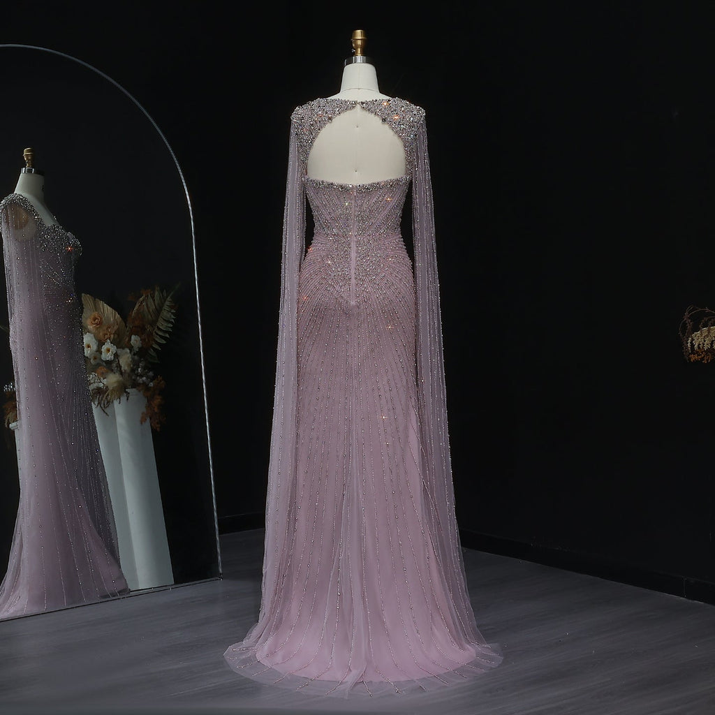 Luxury Beaded Pink Evening Dress with Cape Sleeves SS194