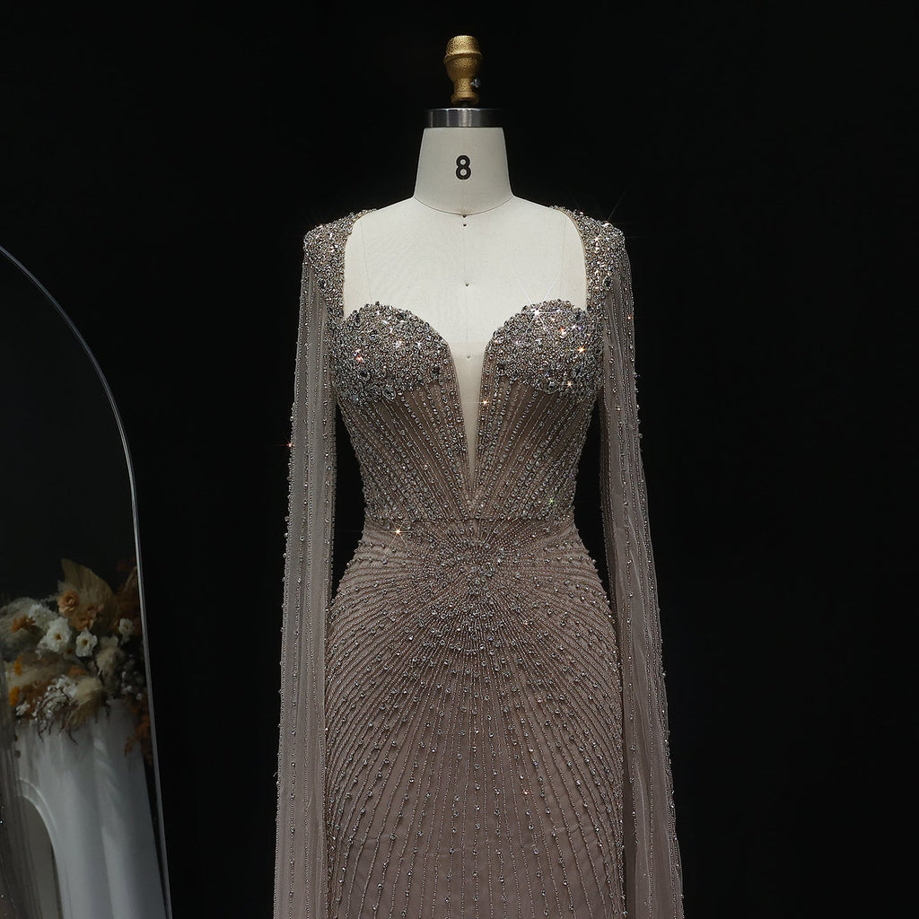 Luxury Beaded Pink Evening Dress with Cape Sleeves SS194