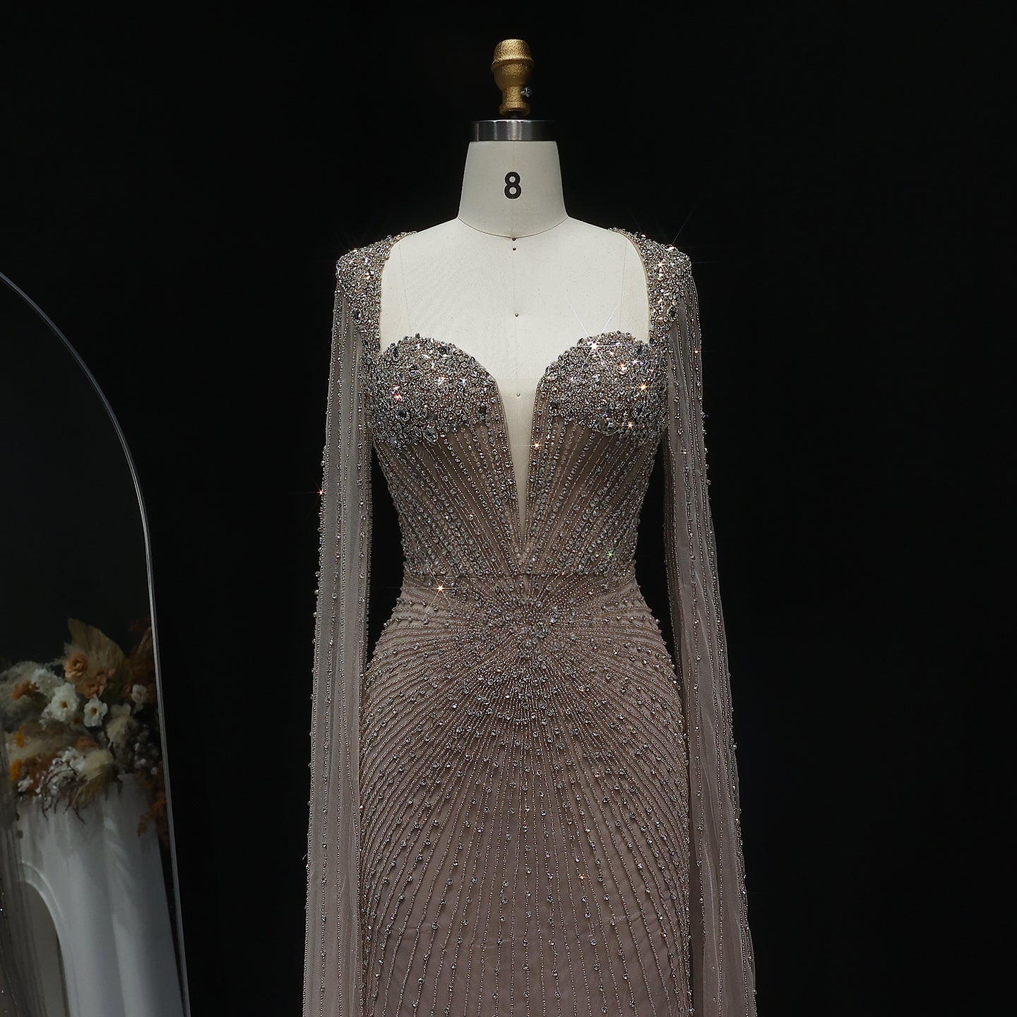 Luxury Beaded Pink Evening Dress with Cape Sleeves SS194