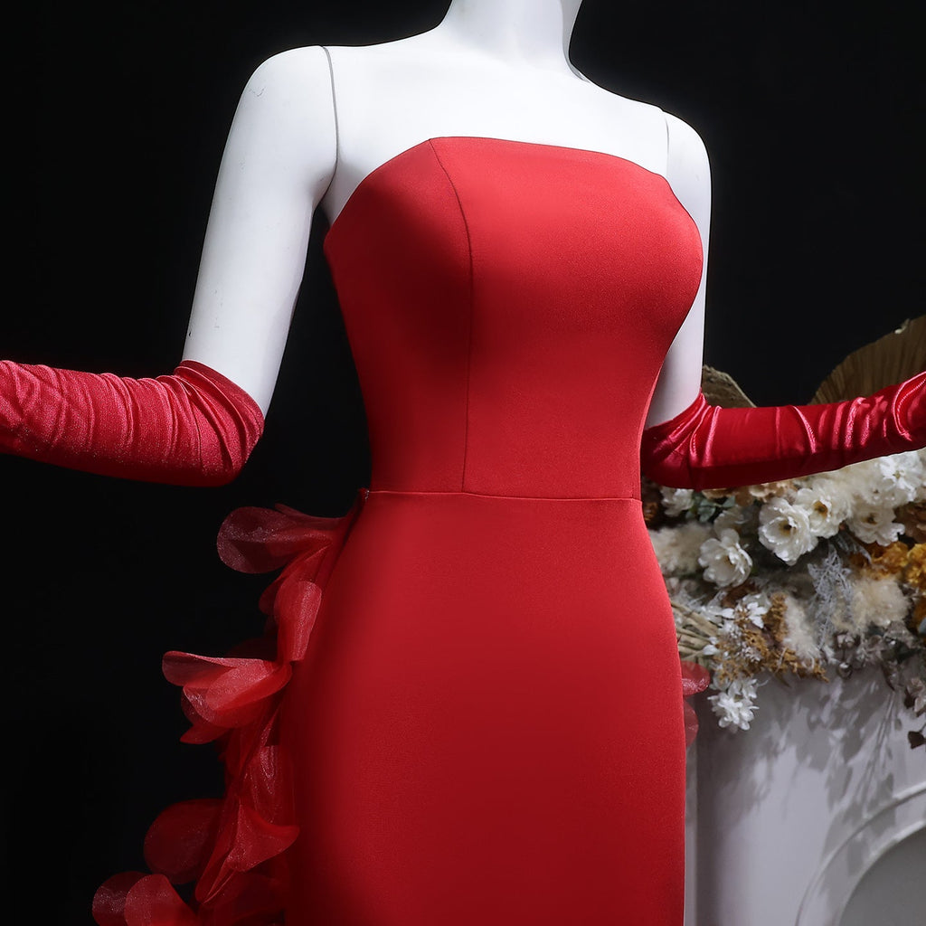Chic Strapless Fuchsia Evening Dress with 3D Floral Overskirt SF473