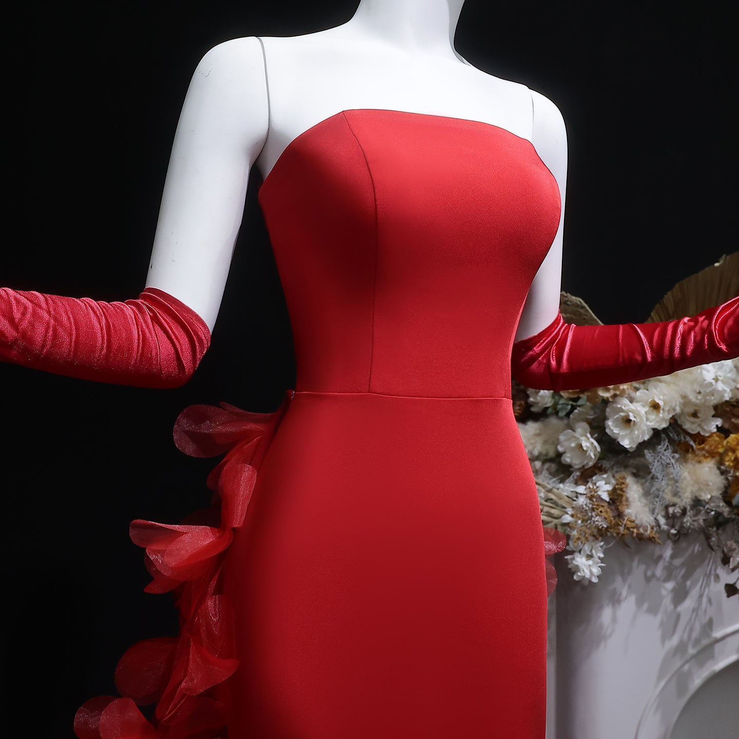 Chic Strapless Fuchsia Evening Dress with 3D Floral Overskirt SF473