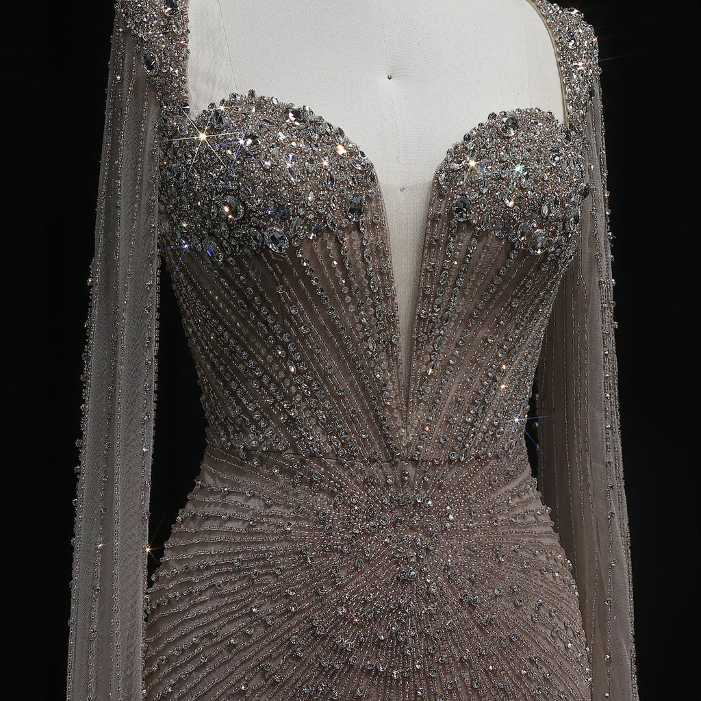 Luxury Beaded Pink Evening Dress with Cape Sleeves SS194