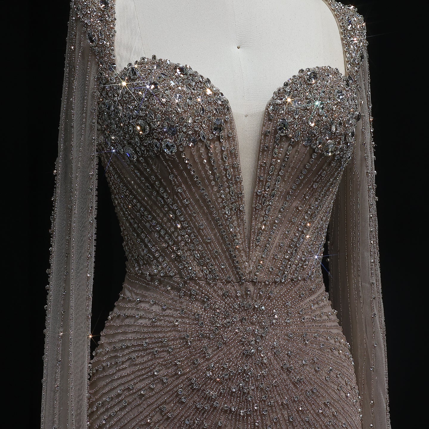 Luxury Beaded Pink Evening Dress with Cape Sleeves SS194
