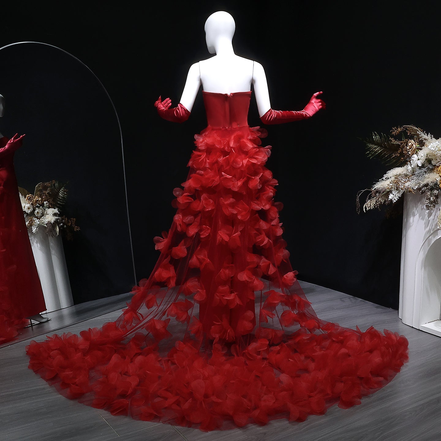 Chic Strapless Fuchsia Evening Dress with 3D Floral Overskirt SF473