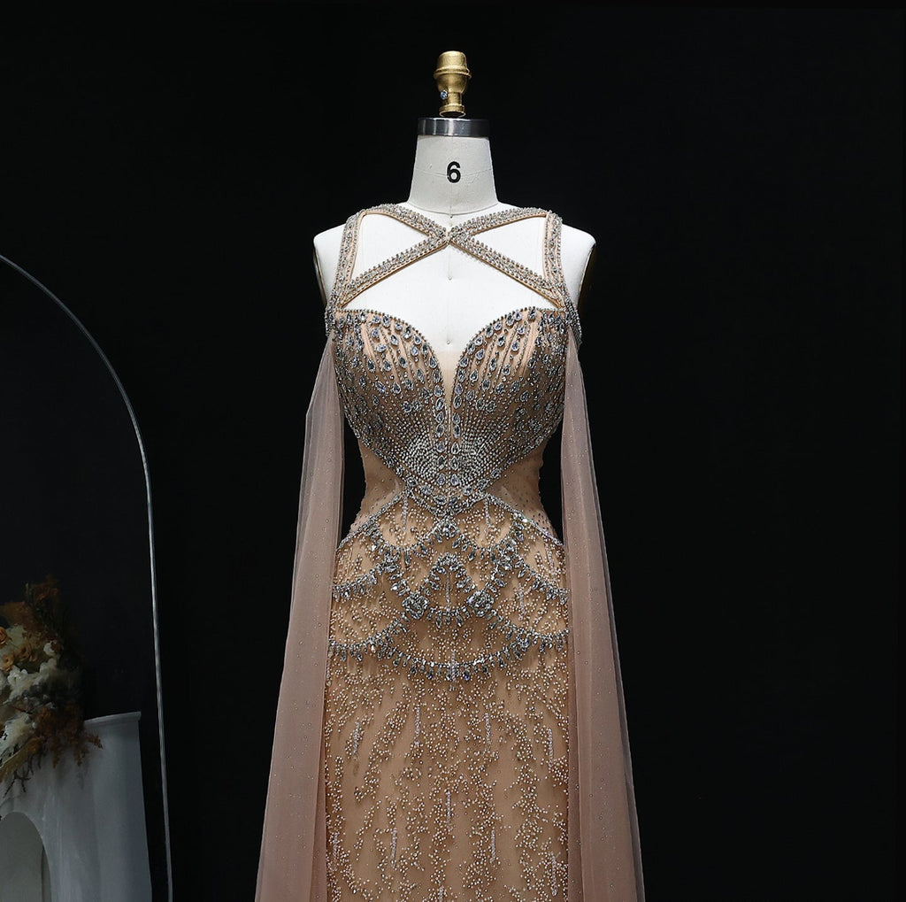 Elegant Crystal Champagne Evening Dress with Cape Sleeves SS211