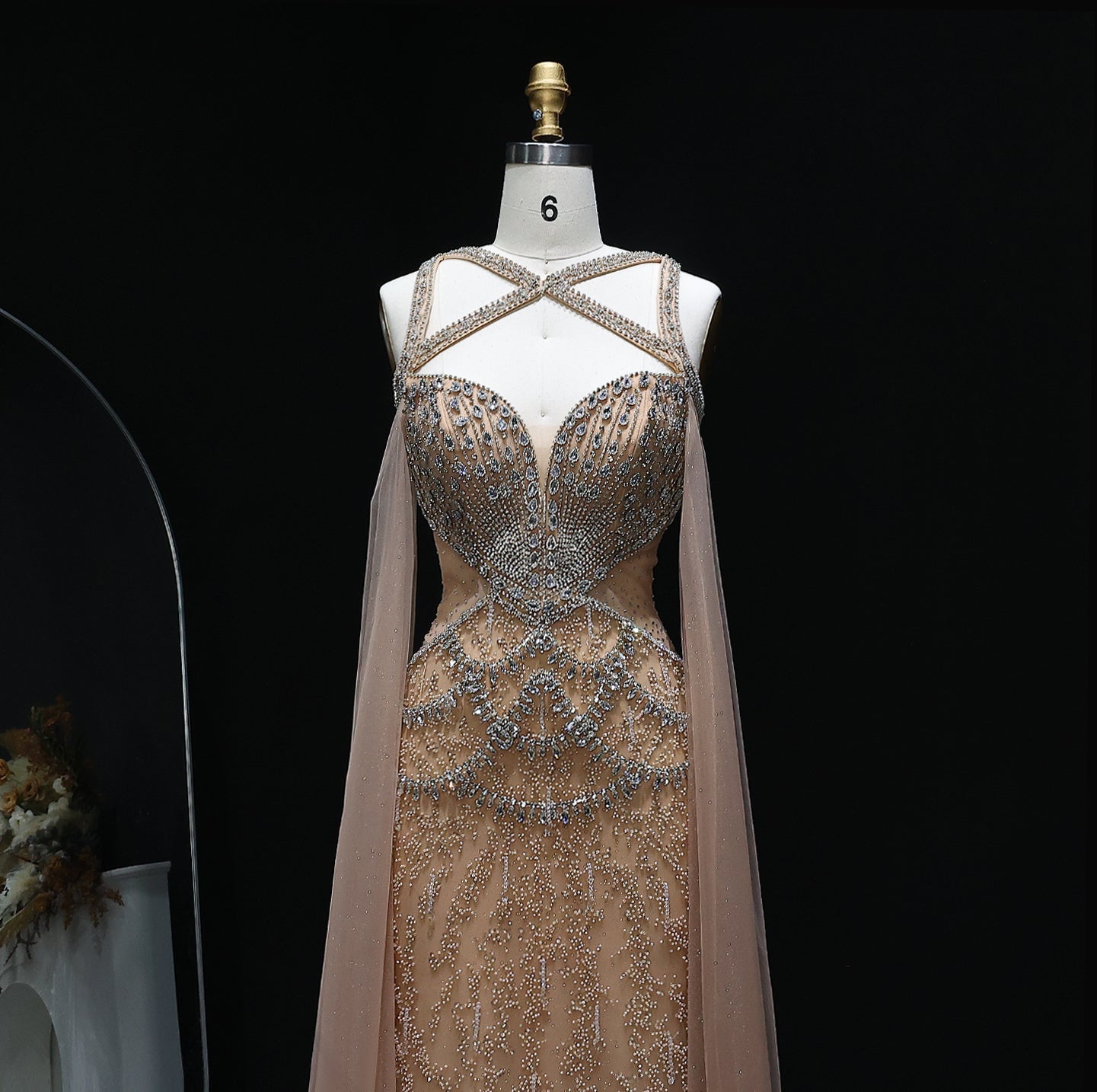 Elegant Crystal Champagne Evening Dress with Cape Sleeves SS211