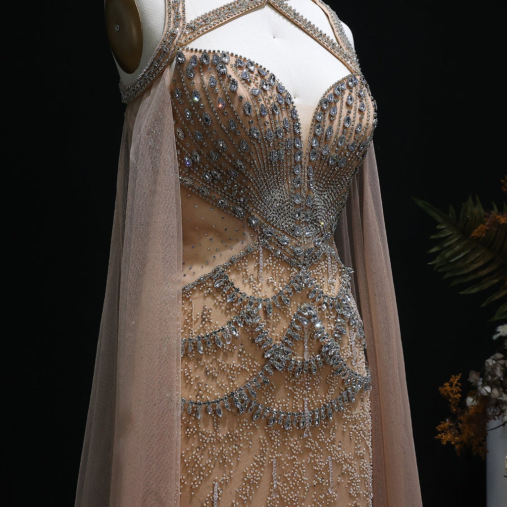Elegant Crystal Champagne Evening Dress with Cape Sleeves SS211