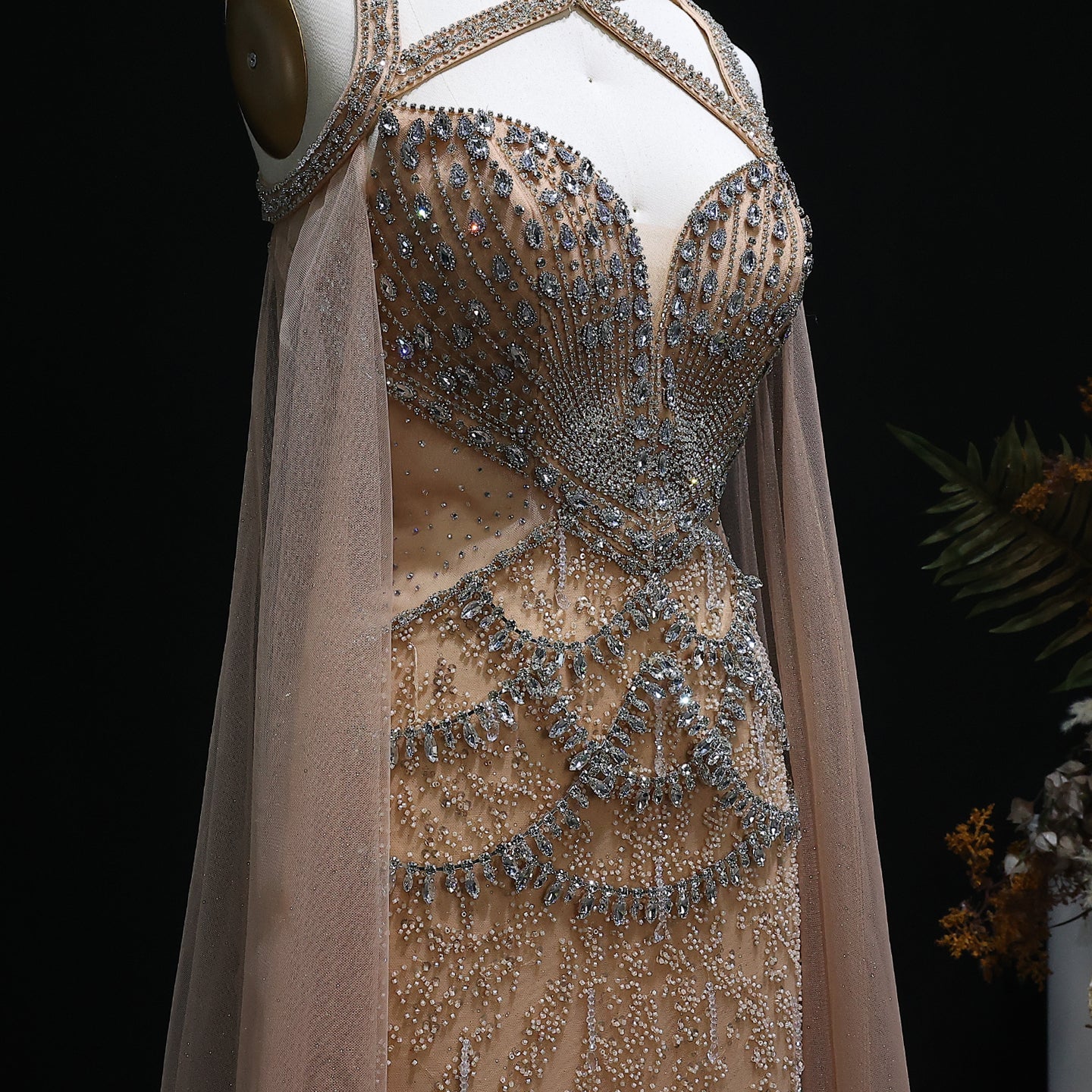 Elegant Crystal Champagne Evening Dress with Cape Sleeves SS211