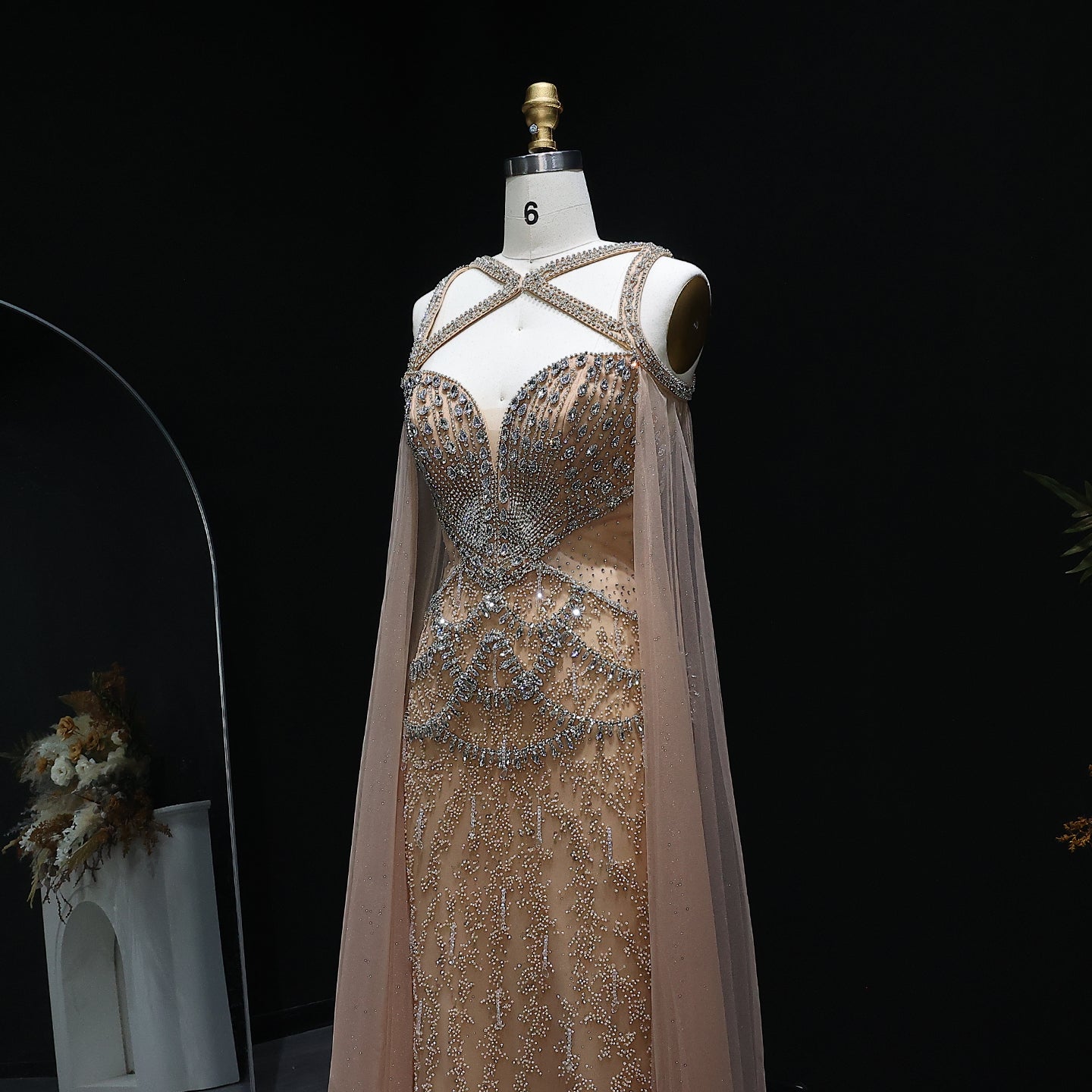 Elegant Crystal Champagne Evening Dress with Cape Sleeves SS211
