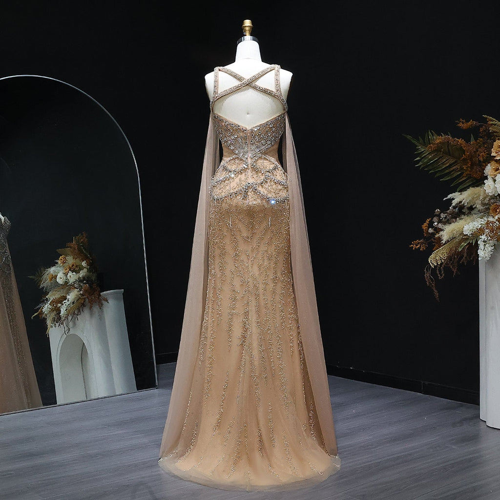 Elegant Crystal Champagne Evening Dress with Cape Sleeves SS211