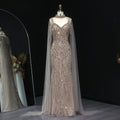 Luxury Beaded Champagne Evening Dress with Cape Sleeve SS033
