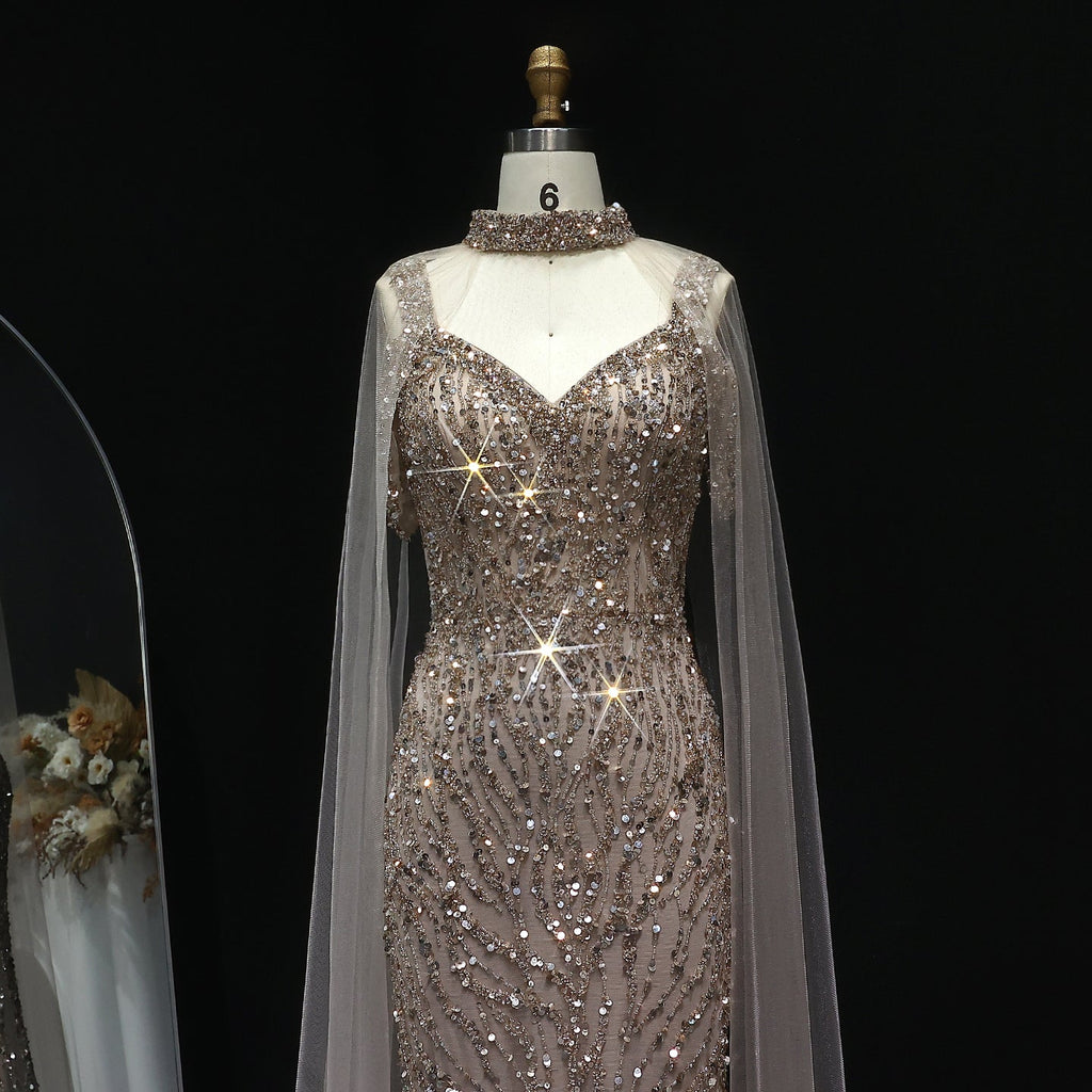 Luxury Beaded Champagne Evening Dress with Cape Sleeve SS033