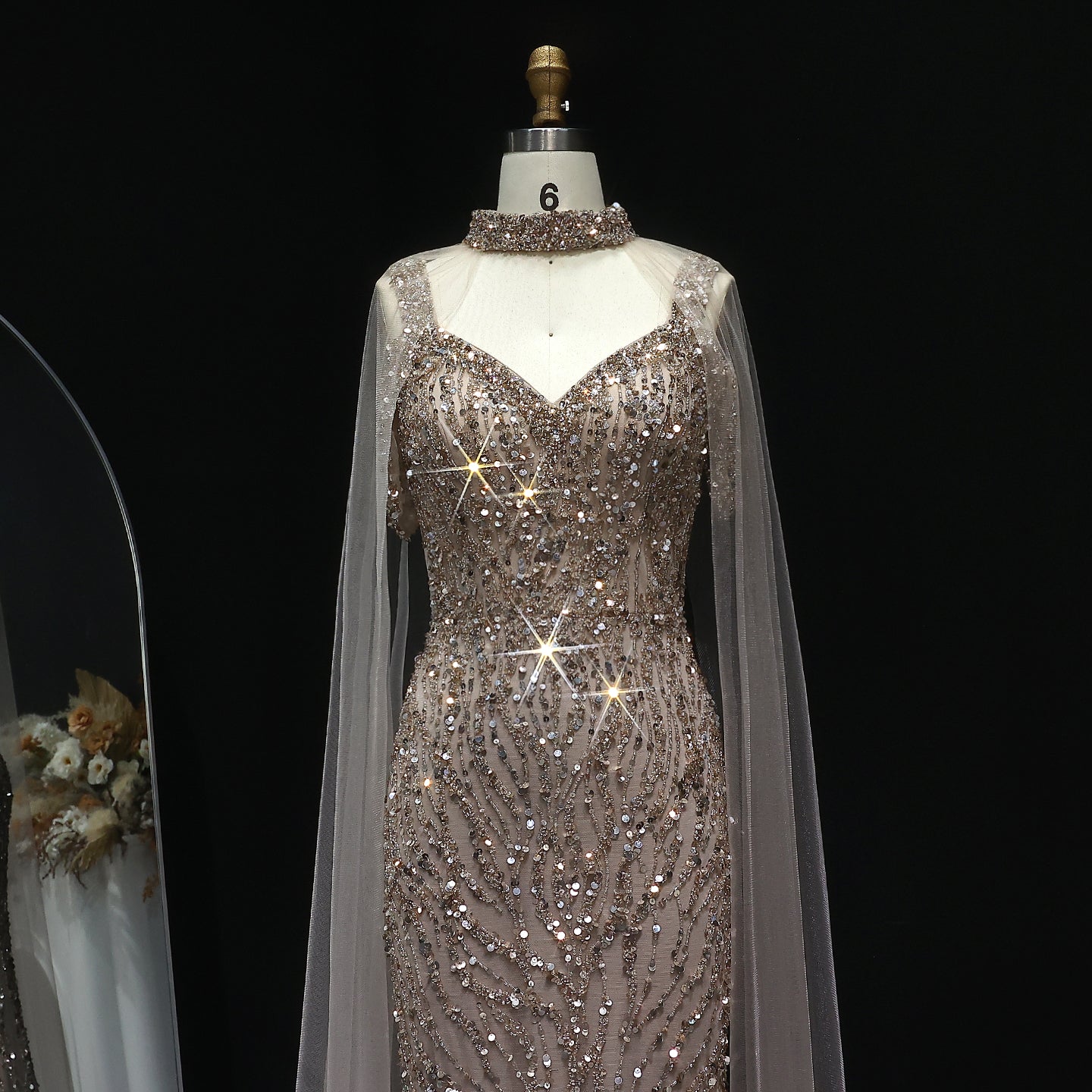 Luxury Beaded Champagne Evening Dress with Cape Sleeve SS033