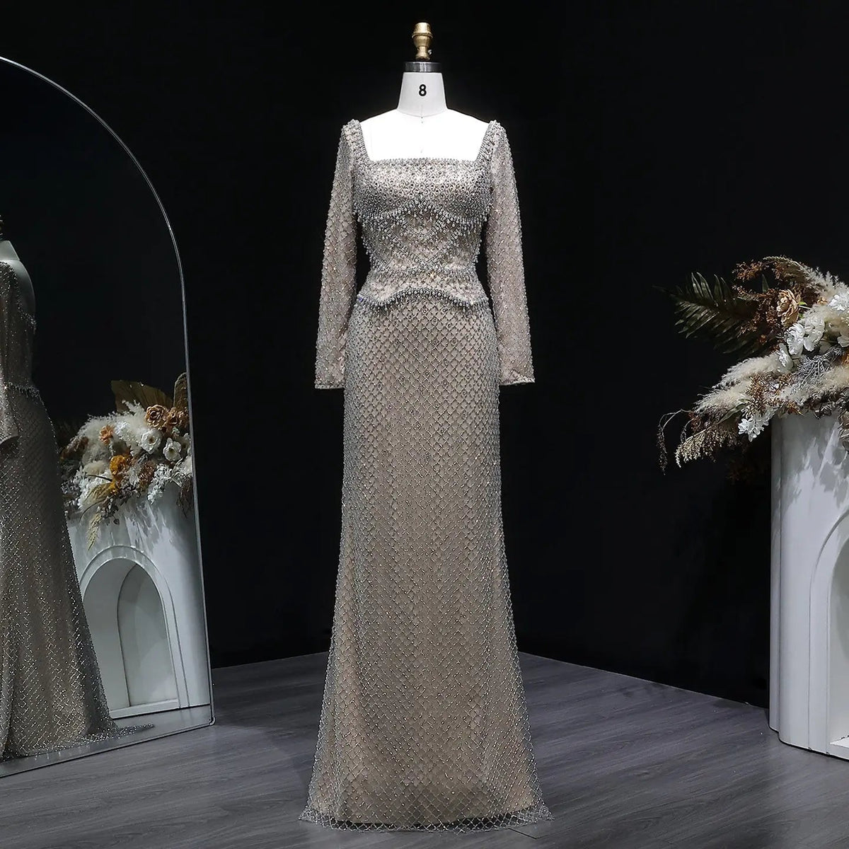 Luxury Dubai Champagne Crystal Evening Dress with Long Sleeves SS633