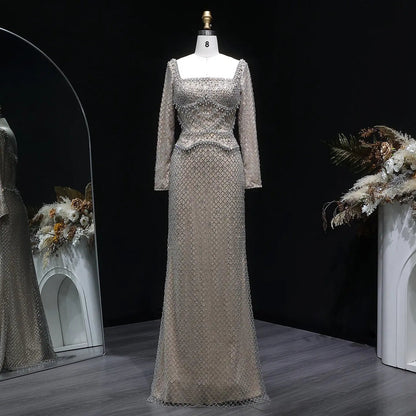 Luxury Dubai Champagne Crystal Evening Dress with Long Sleeves SS633