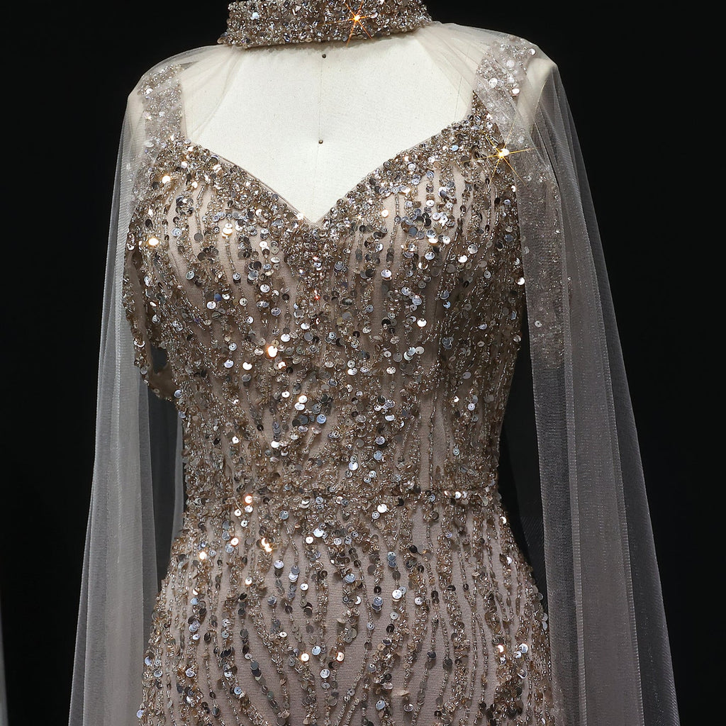 Luxury Beaded Champagne Evening Dress with Cape Sleeve SS033