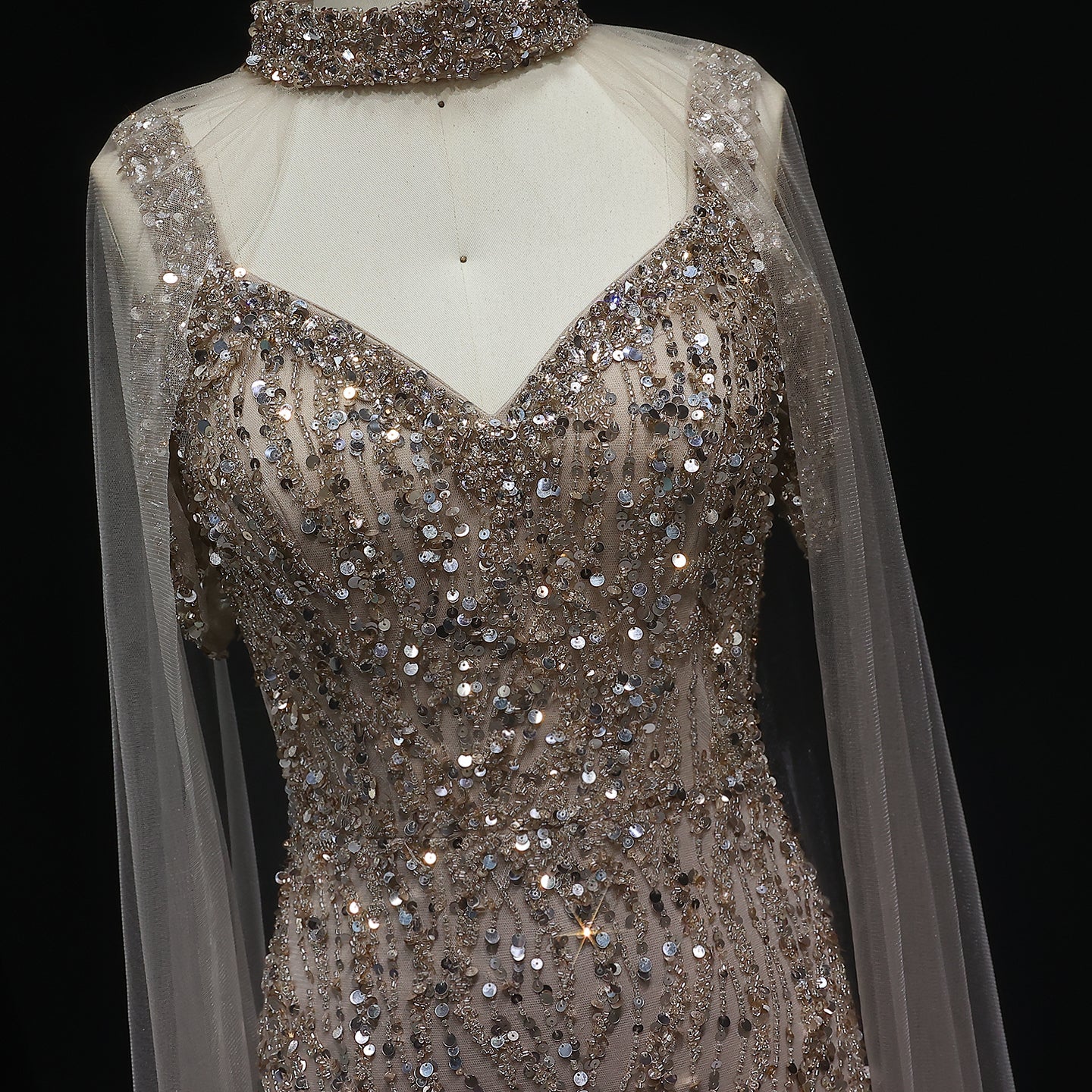 Luxury Beaded Champagne Evening Dress with Cape Sleeve SS033
