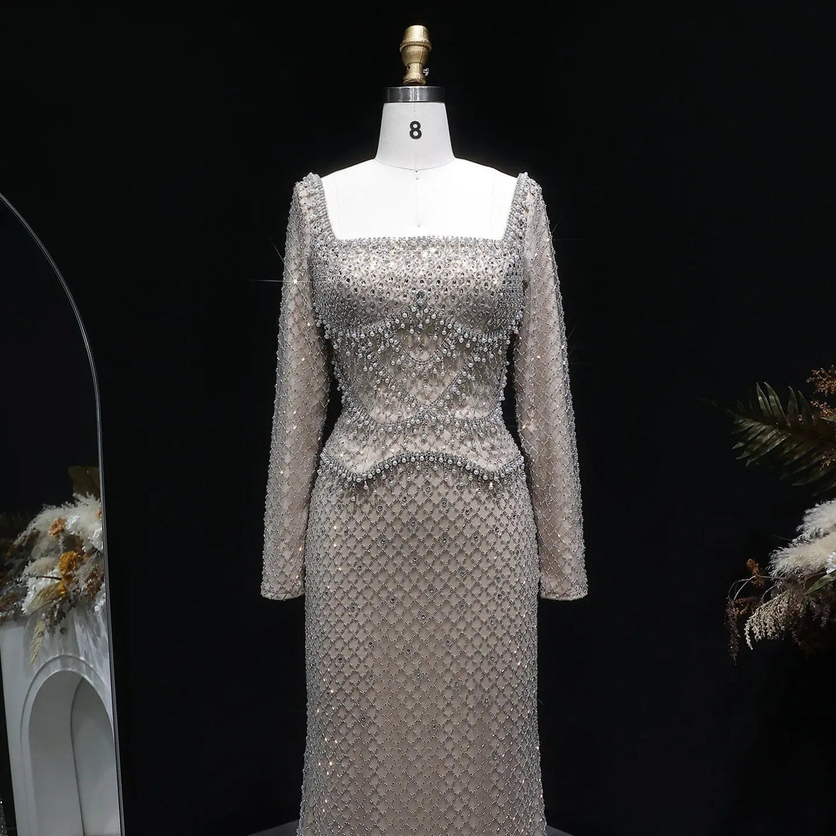 Luxury Dubai Champagne Crystal Evening Dress with Long Sleeves SS633