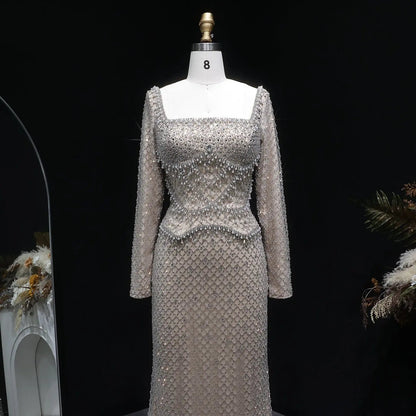 Luxury Dubai Champagne Crystal Evening Dress with Long Sleeves SS633
