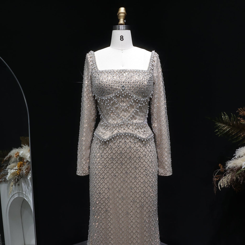Luxury Gray Crystal Evening Dress with Long Sleeves SS633