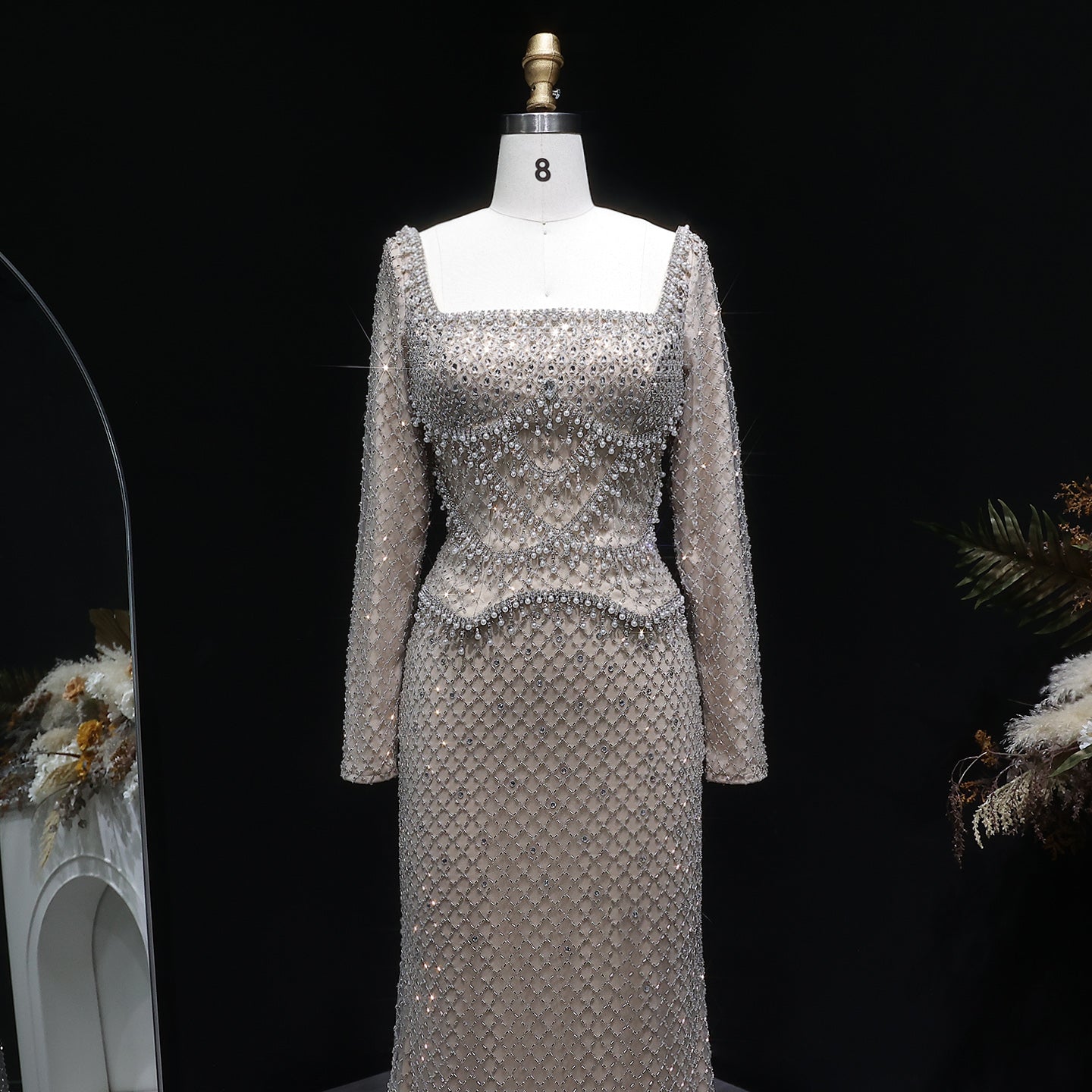 Luxury Gray Crystal Evening Dress with Long Sleeves SS633