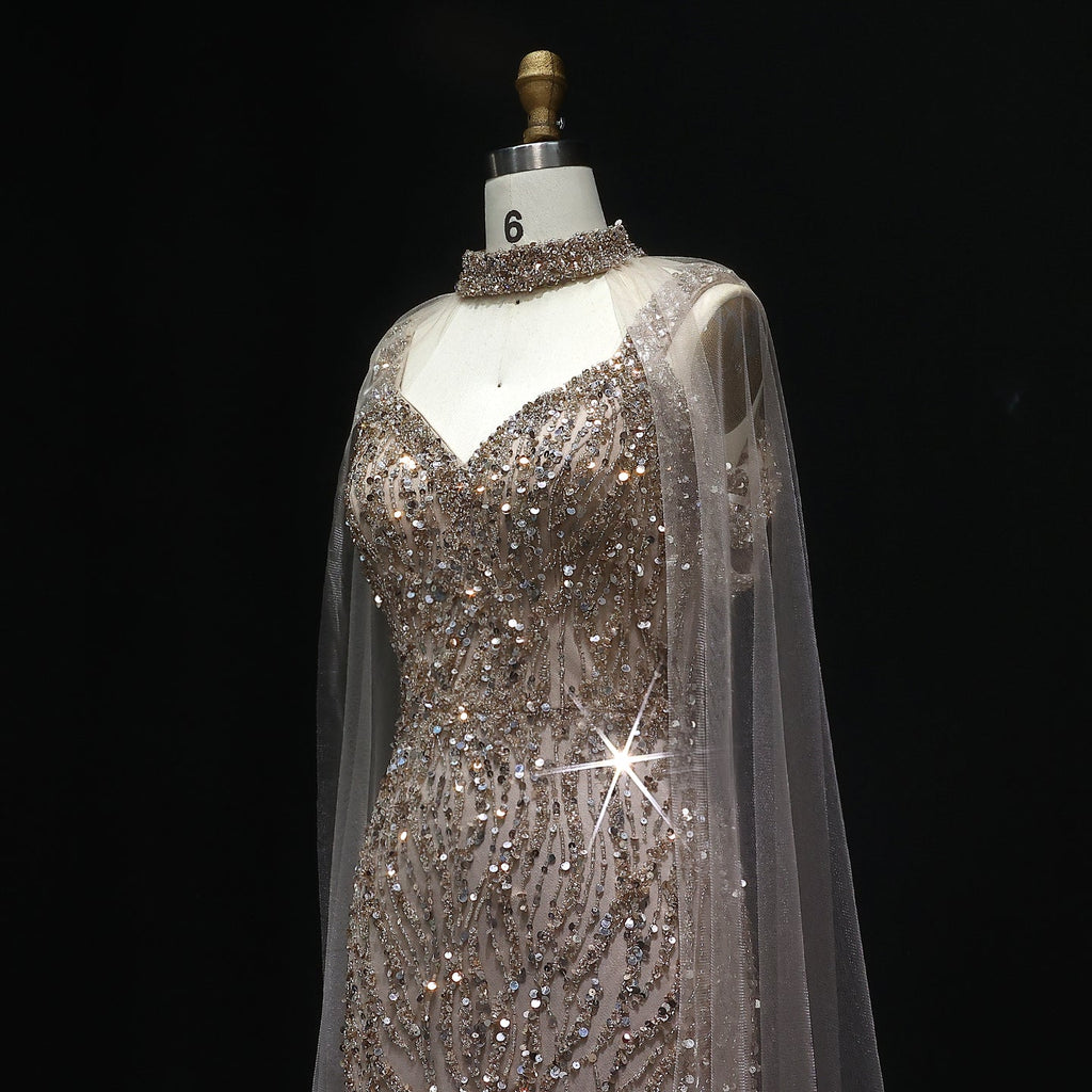 Luxury Beaded Champagne Evening Dress with Cape Sleeve SS033