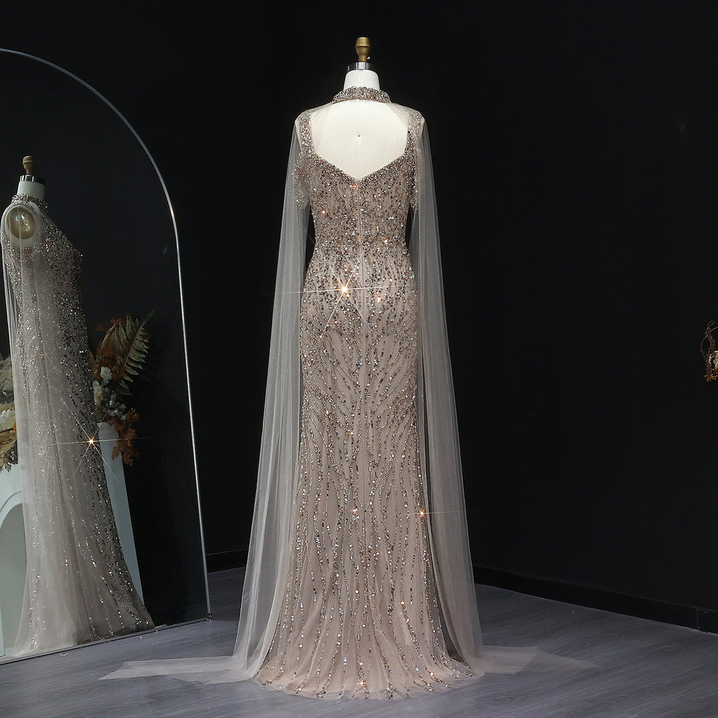 Luxury Beaded Champagne Evening Dress with Cape Sleeve SS033
