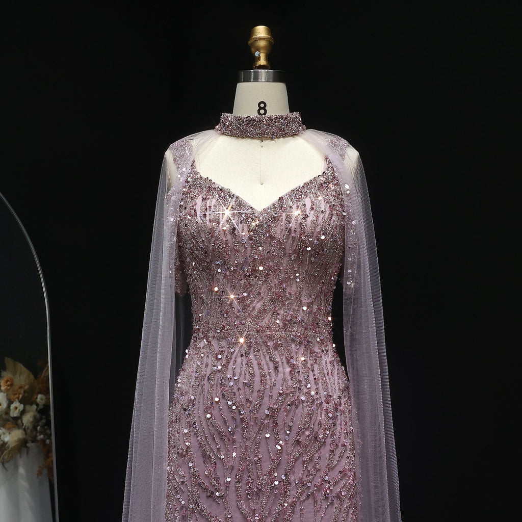 Luxury Beaded Champagne Evening Dress with Cape Sleeve SS033