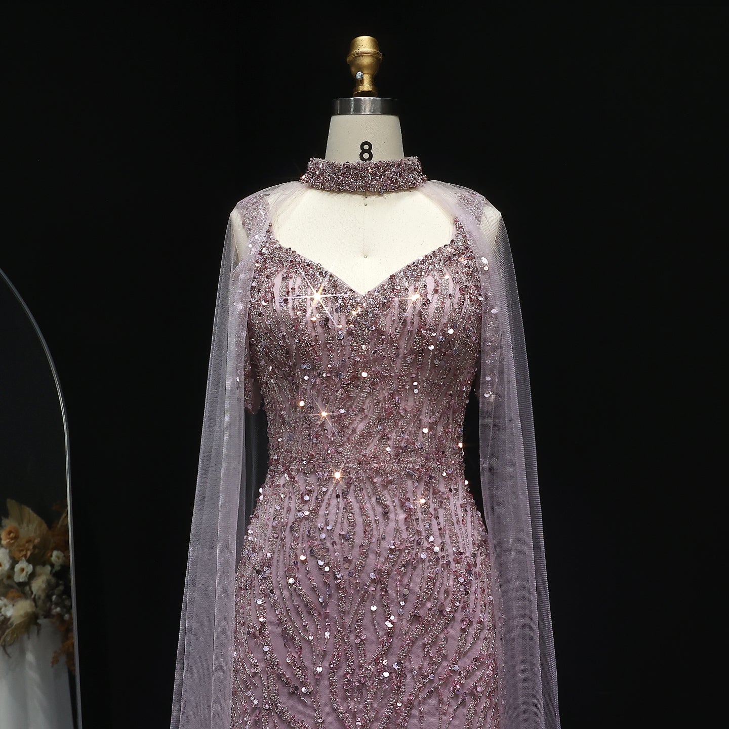 Luxury Beaded Champagne Evening Dress with Cape Sleeve SS033