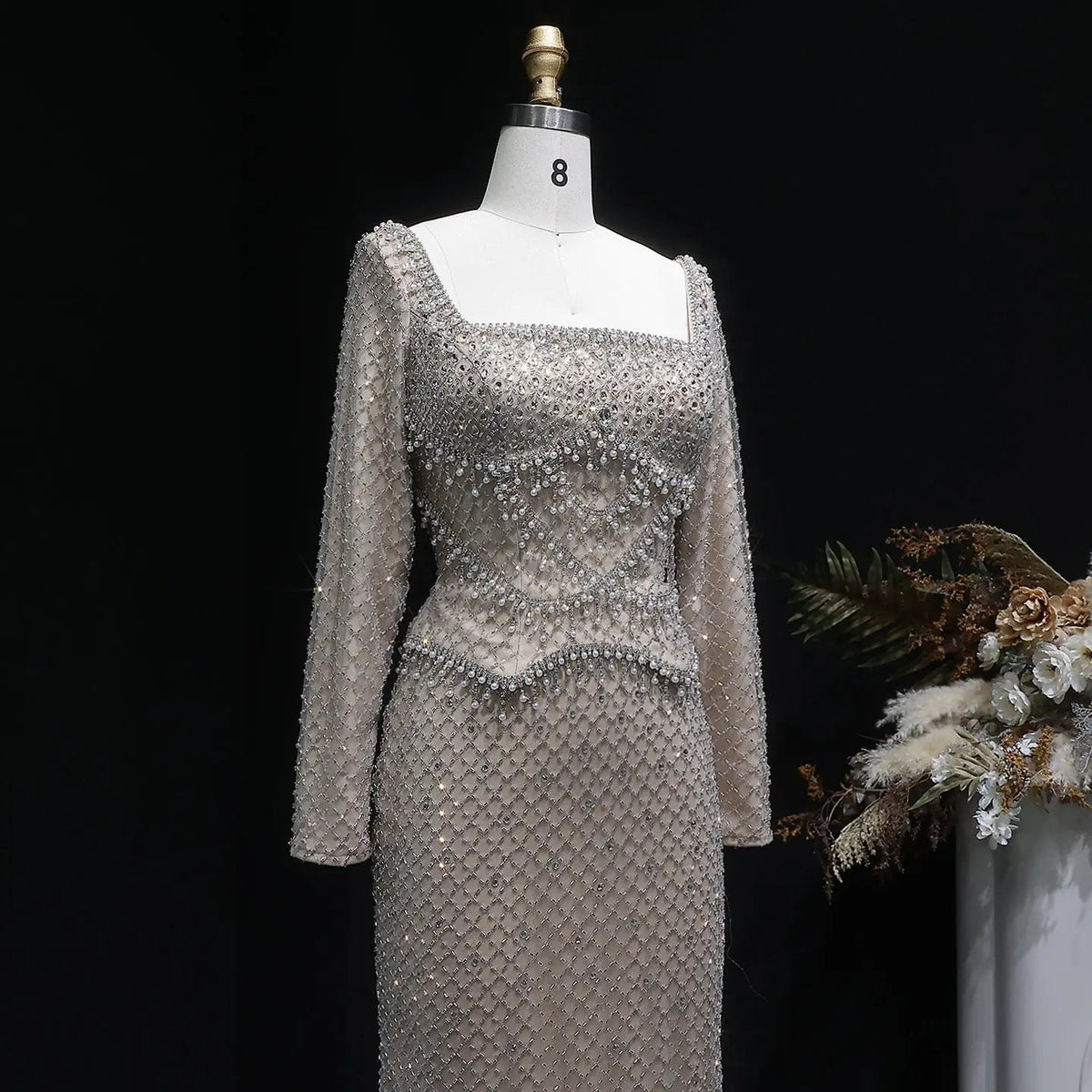 Luxury Dubai Champagne Crystal Evening Dress with Long Sleeves SS633