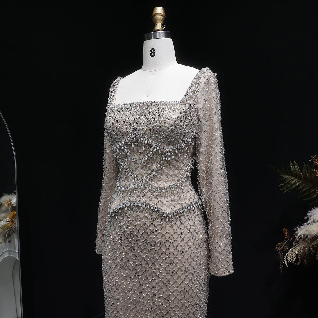 Luxury Gray Crystal Evening Dress with Long Sleeves SS633