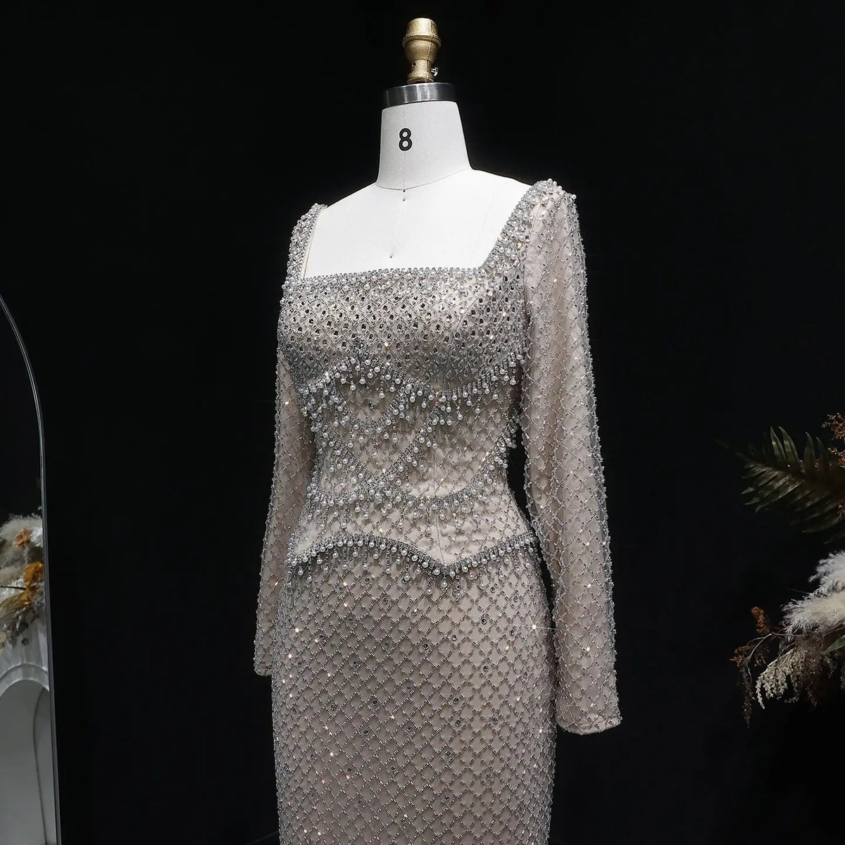 Luxury Dubai Champagne Crystal Evening Dress with Long Sleeves SS633