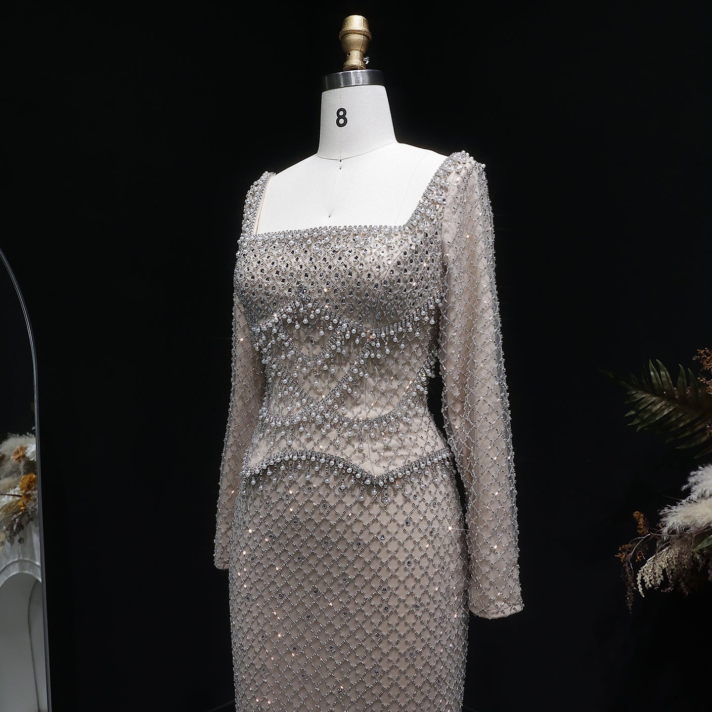 Luxury Gray Crystal Evening Dress with Long Sleeves SS633