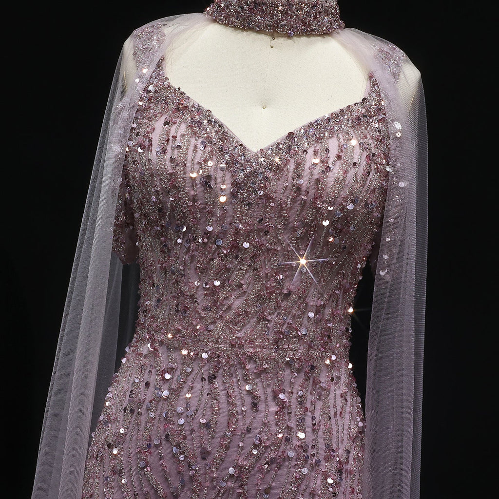 Luxury Beaded Champagne Evening Dress with Cape Sleeve SS033