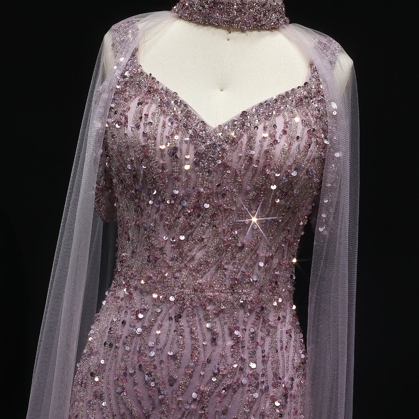 Luxury Beaded Champagne Evening Dress with Cape Sleeve SS033