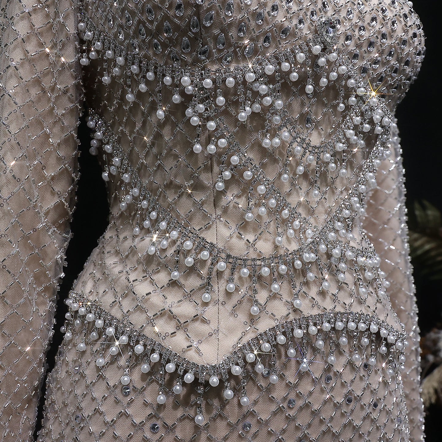 Luxury Gray Crystal Evening Dress with Long Sleeves SS633