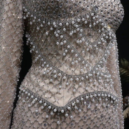 Luxury Dubai Champagne Crystal Evening Dress with Long Sleeves SS633