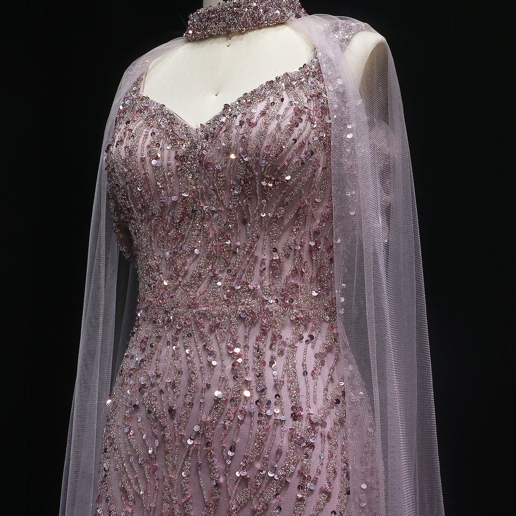 Luxury Beaded Champagne Evening Dress with Cape Sleeve SS033