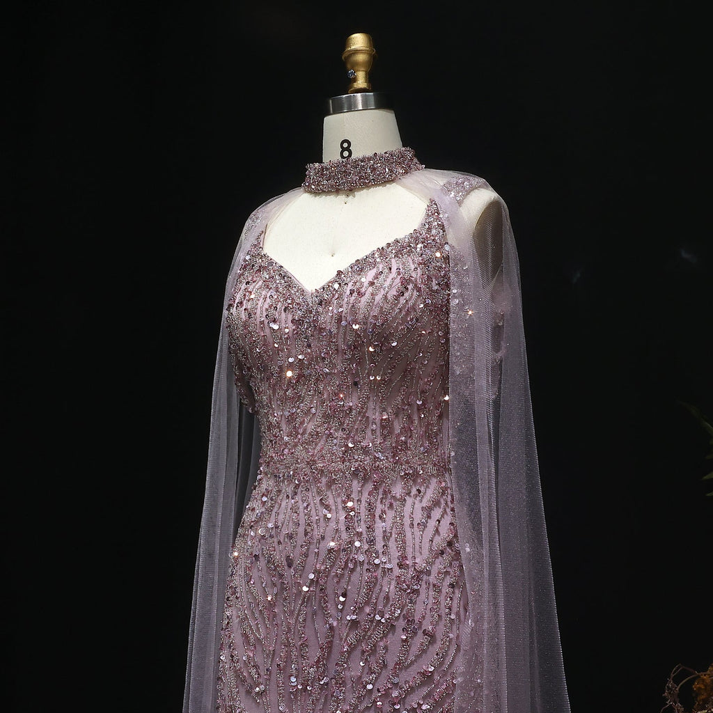 Luxury Beaded Champagne Evening Dress with Cape Sleeve SS033