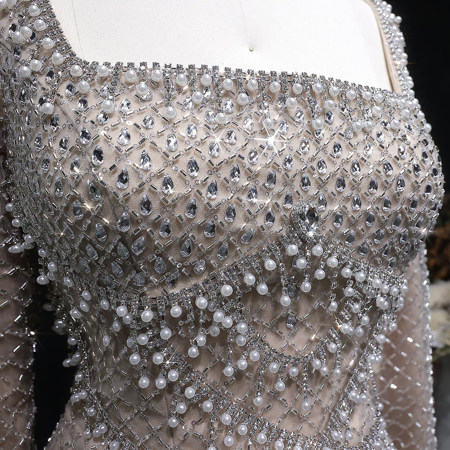 Luxury Gray Crystal Evening Dress with Long Sleeves SS633