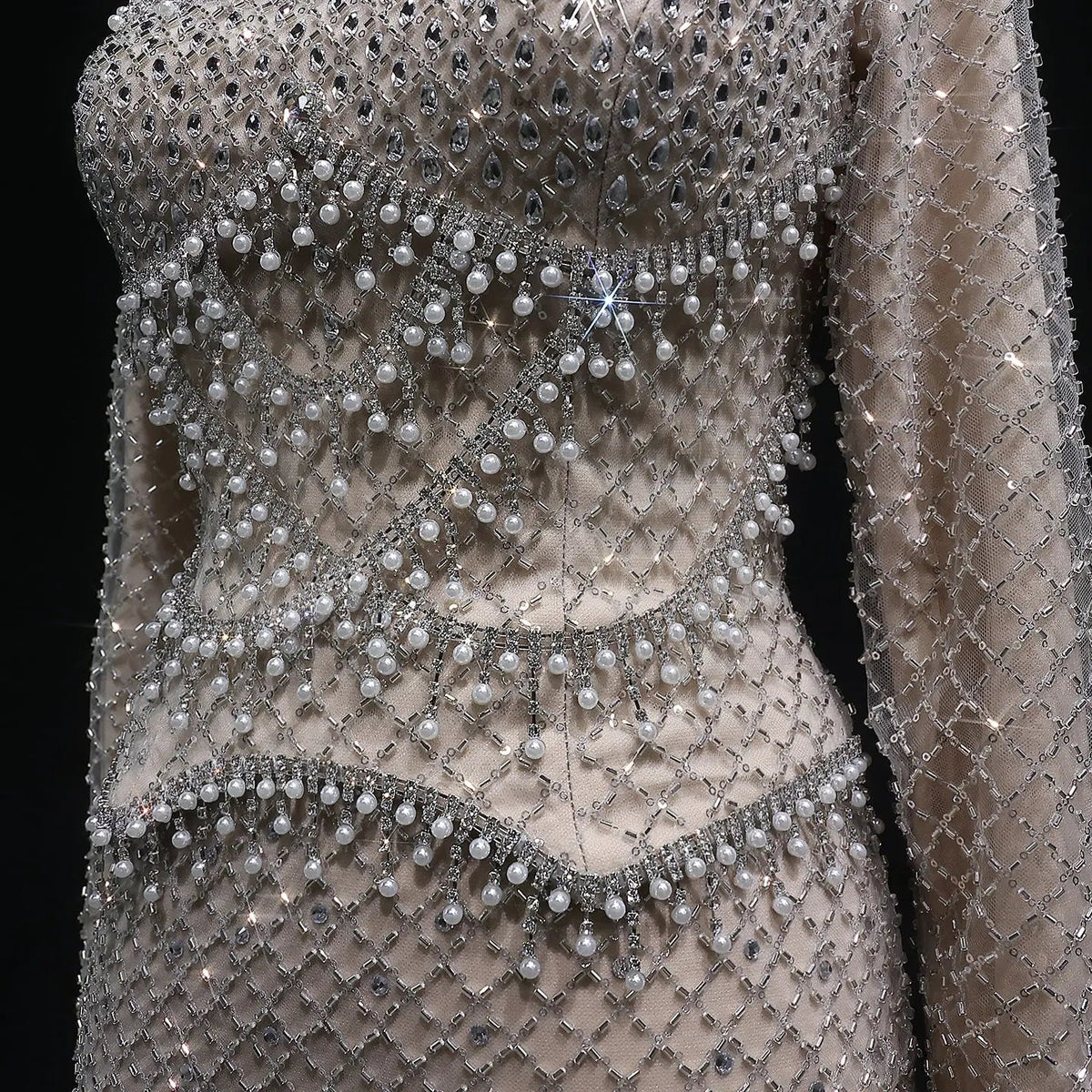 Luxury Dubai Champagne Crystal Evening Dress with Long Sleeves SS633