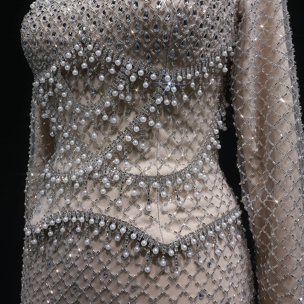 Luxury Gray Crystal Evening Dress with Long Sleeves SS633