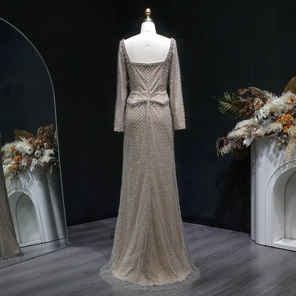 Luxury Dubai Champagne Crystal Evening Dress with Long Sleeves SS633