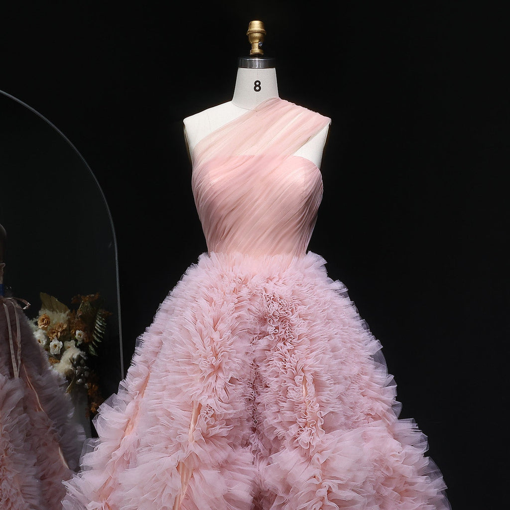 Elegant Dusty Pink One Shoulder A-Line Ruffles Evening Dress SF253