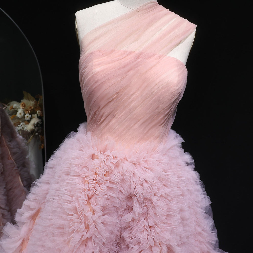 Elegant Dusty Pink One Shoulder A-Line Ruffles Evening Dress SF253