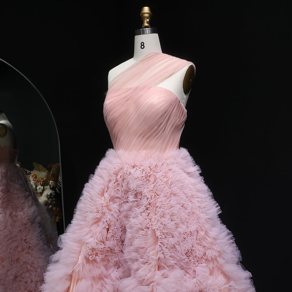 Elegant Dusty Pink One Shoulder A-Line Ruffles Evening Dress SF253